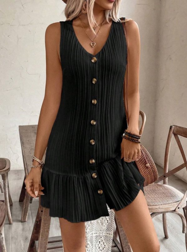 Women's Summer Sleeveless Ruffle Decor Casual Dress With Front Button - Image 3
