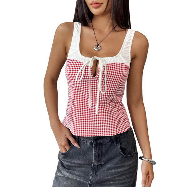 Casual Vest Elastic Lace Plaid Stitching Vest - Image 5