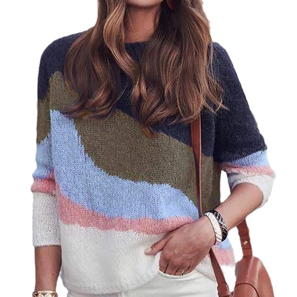 Round Neck Contrast Color Long Sleeve Pullover Casual Spring And Autumn - Image 3