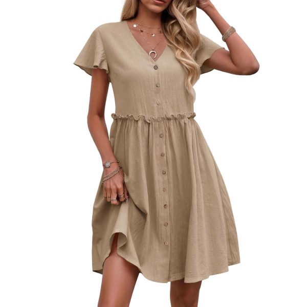 Button Butterfly Sleeve Cotton Linen With Pocket Beach Dress - Image 5