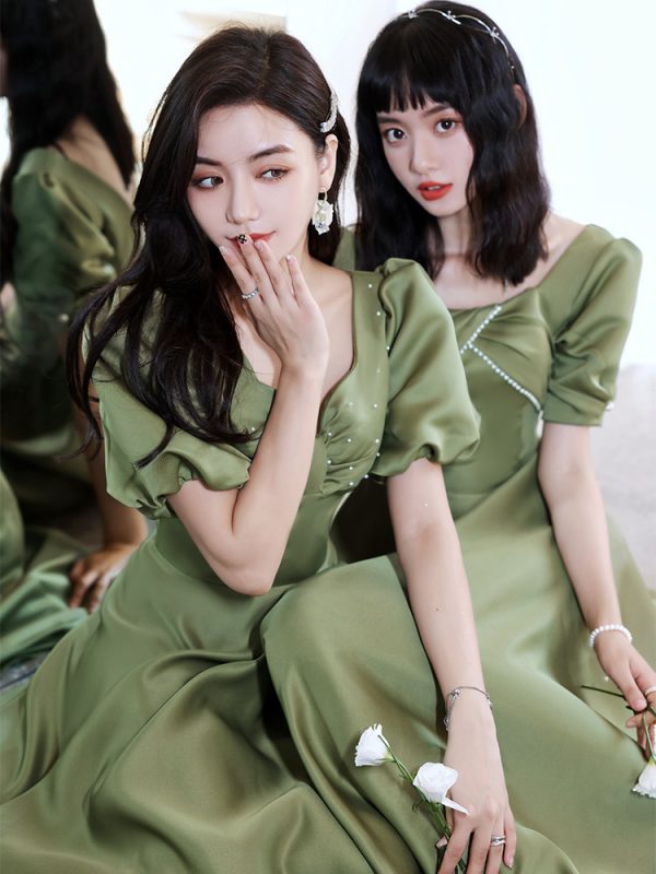 2024 Avocado Green Sisters Group Dress Skirt Women Satin Spring - Image 2