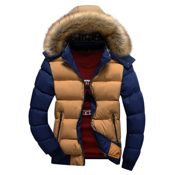 Men's Hooded Fur Collar Warm Cotton Coat - Image 4