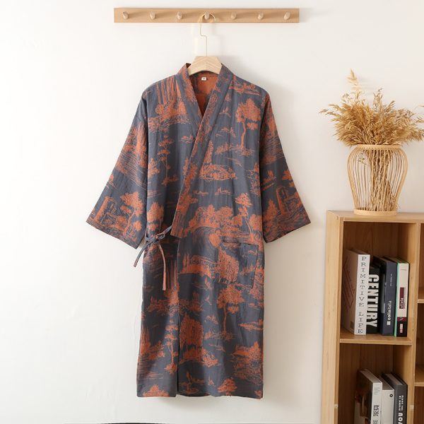 Men's Cotton Gauze Kimono Long Dress Bathrobe - Image 3