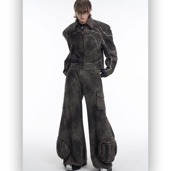 Short Gray Padded Shoulder Denim Coat - Image 2