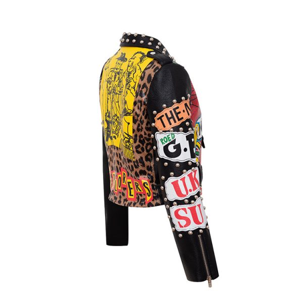 Chain Leather Jacket Printed Half  Collar Stud Cropped Top Slim - Image 5