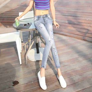 Cropped Jeans Women's Skinny Stretch Tight Ripped Pencil Pants