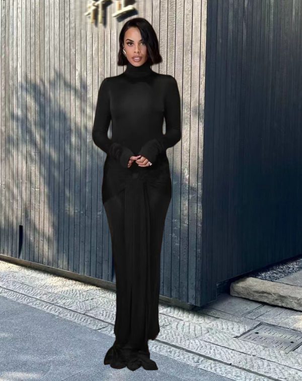 High Collar Solid Color European And American High-end Lace-up Design Dress - Image 7