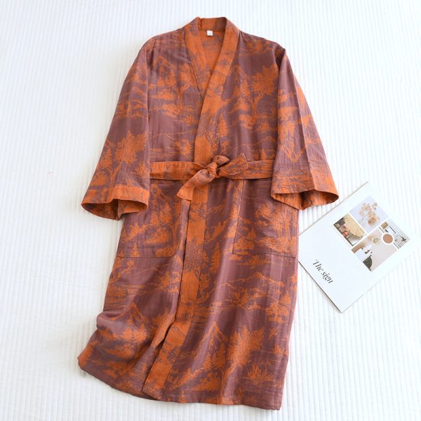 Couple Cotton Loose Bathrobe Lace Bathrobe Women's Double Jacquard Pajamas - Image 3