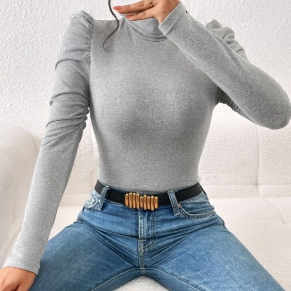 Women's High Neck Solid Color Bubble Sleeve Slim Fit Base T-shirt - Image 5
