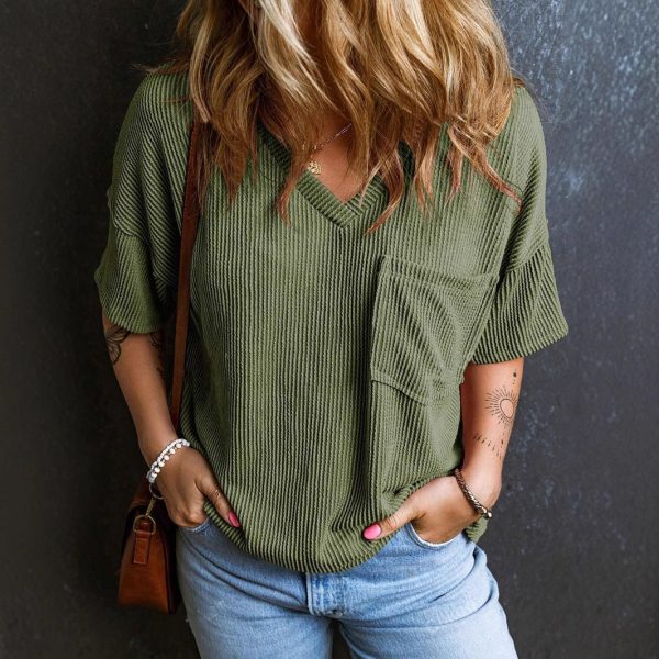 Fashionable Two-tone Pullover Short Sleeve V-neck Top For Women - Image 2