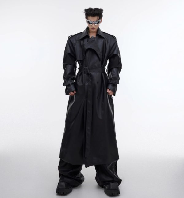 Deconstructing Split Padded Shoulder Profile PU Leather Coat - Image 4