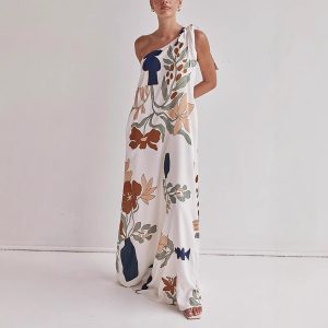 Oblique Shoulder Printed Pocket Dress Loose