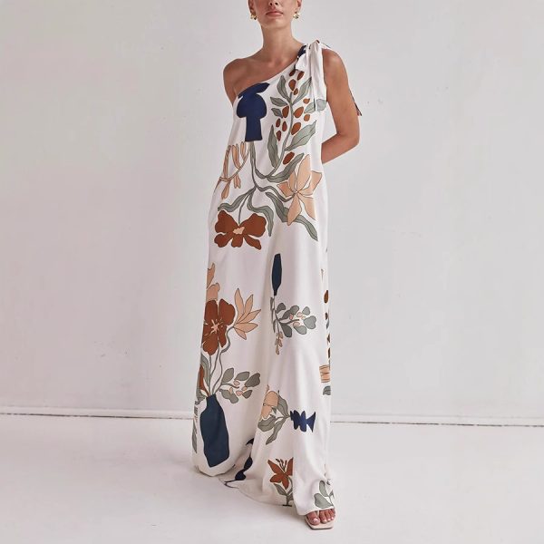 Oblique Shoulder Printed Pocket Dress Loose