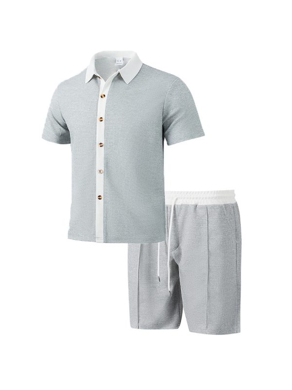 Short Sleeve Shorts Waffle Contrast Color Casual Beach Outdoor - Image 9