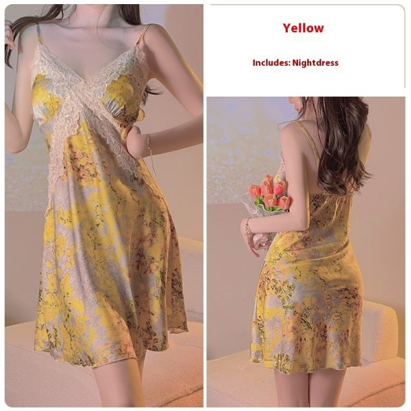 Yellow Floral Satin Cross Lace Waist Slimming Nightdress - Image 6