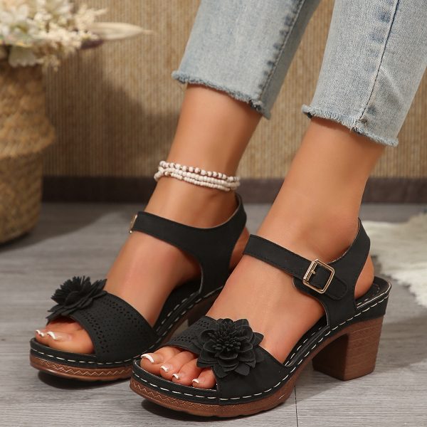 Women's Flowers Chunky Heel Sandals Summer Plus Size Platform Shoes - Image 6