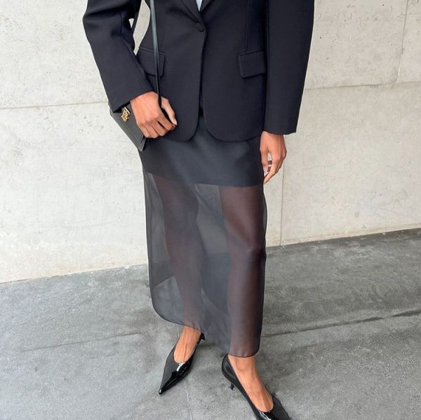 Black Mesh See-through High Waist Slit Sheath Skirt - Image 2