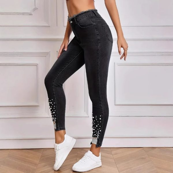 Women's High Waist Stretch Denim Trousers Pearl Ripped Tassel - Image 2