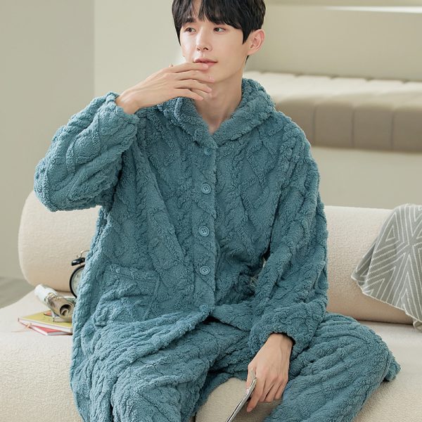 Men's Long Sleeve Cardigan Pajamas Outer Wear Coral Fleece Home Wear - Image 3