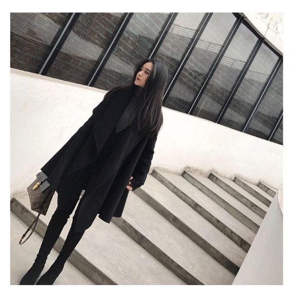 Black Medium Long Irregular Loose Cloak Woolen Coat - Image 3