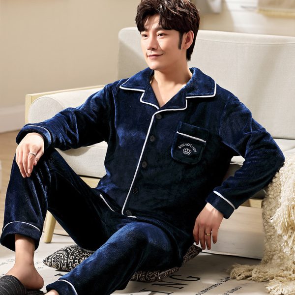 Men's Long Sleeve Cardigan Pajamas Outer Wear Coral Fleece Home Wear - Image 4