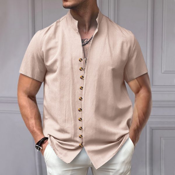 Linen Button Stand Collar Short Sleeve Shirt - Image 8