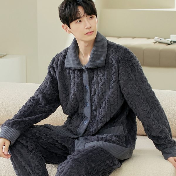 Men's Long Sleeve Cardigan Pajamas Outer Wear Coral Fleece Home Wear - Image 6