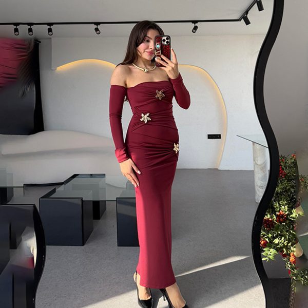 Women's Pleated Long-sleeved Dress Fashionable Slim Dress - Image 3