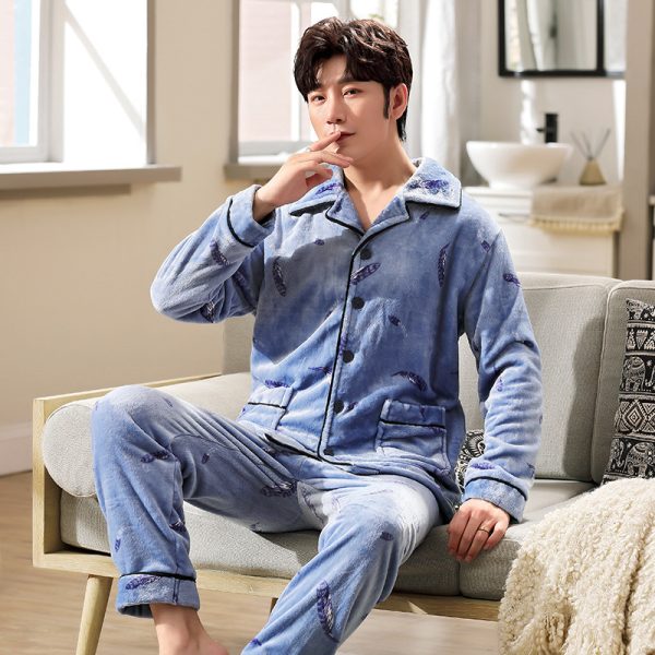 Autumn And Winter Flannel Men's Pajamas Men's Lapel Cardigan - Image 3